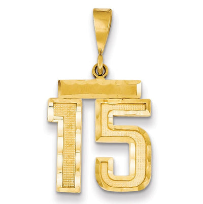 14K Yellow Gold Polished Diamond Cut Finish Medium Size Number 15 Charm Pendant