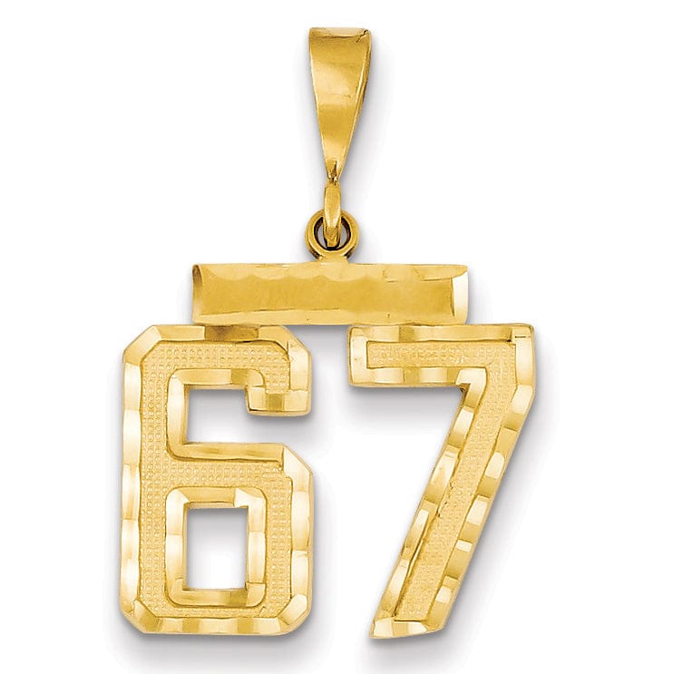 14K Yellow Gold Polished Diamond Cut Finish Medium Size Number 67 Charm Pendant