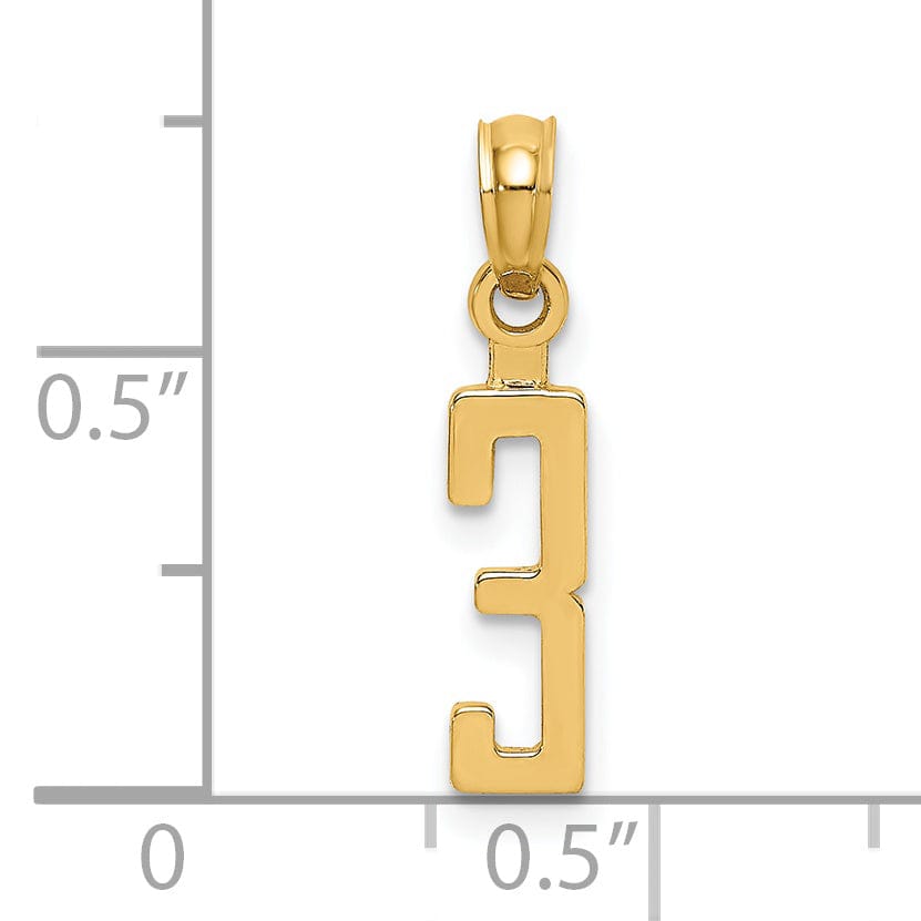 14K Yellow Gold Polished Finished Block Script Design Number 3 Charm Pendant