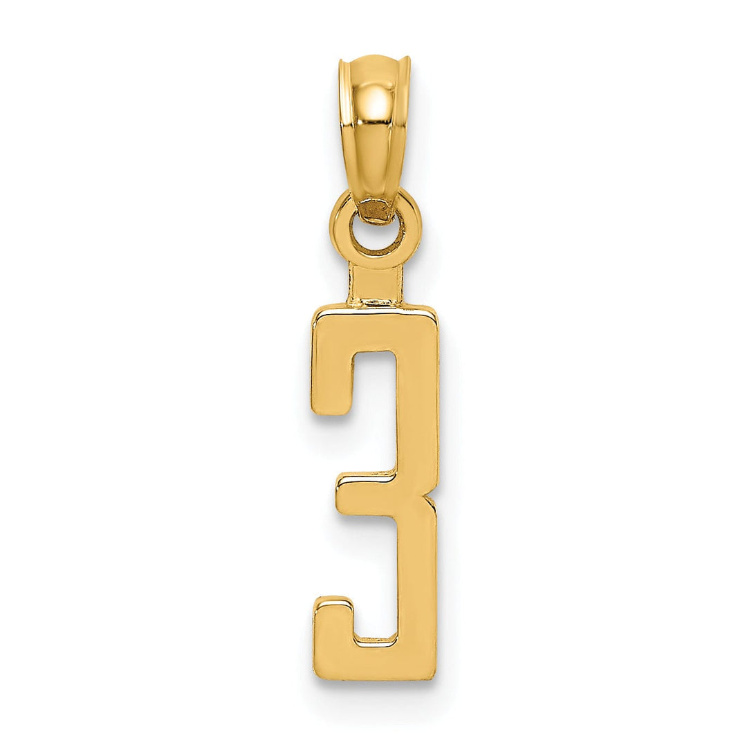 14K Yellow Gold Polished Finished Block Script Design Number 3 Charm Pendant