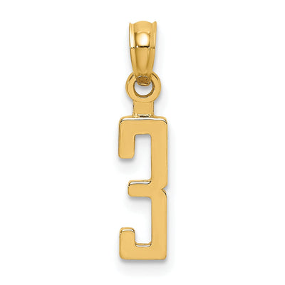 14K Yellow Gold Polished Finished Block Script Design Number 3 Charm Pendant