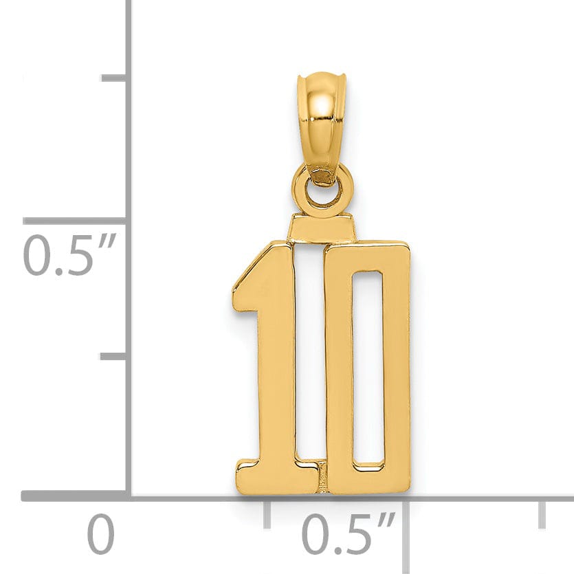 14K Yellow Gold Polished Finished Block Script Design Number 10 Charm Pendant