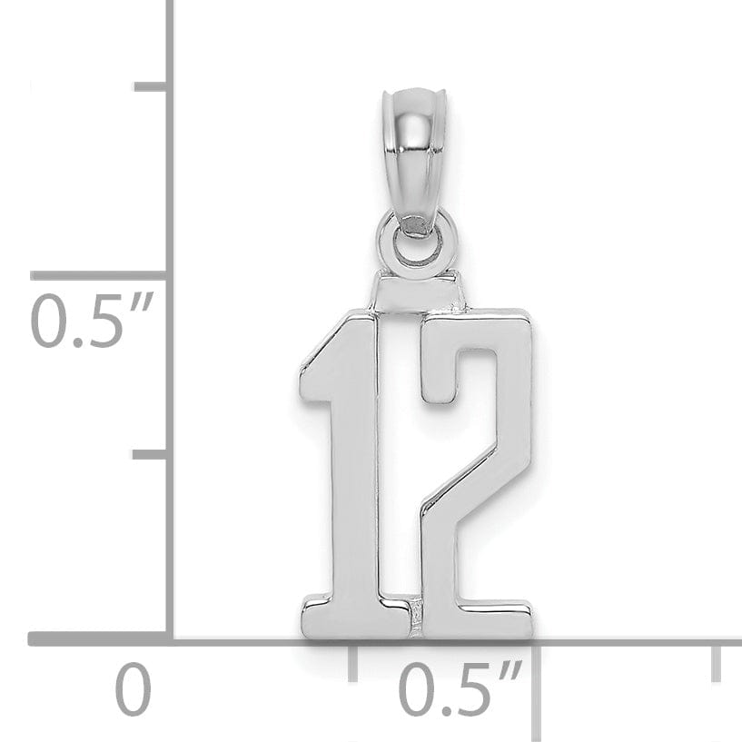 14K White Gold Polished Finished Block Script Design Number 12 Charm Pendant
