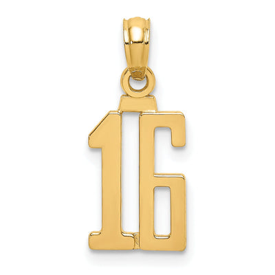 14K Yellow Gold Polished Finished Block Script Design Number 16 Charm Pendant