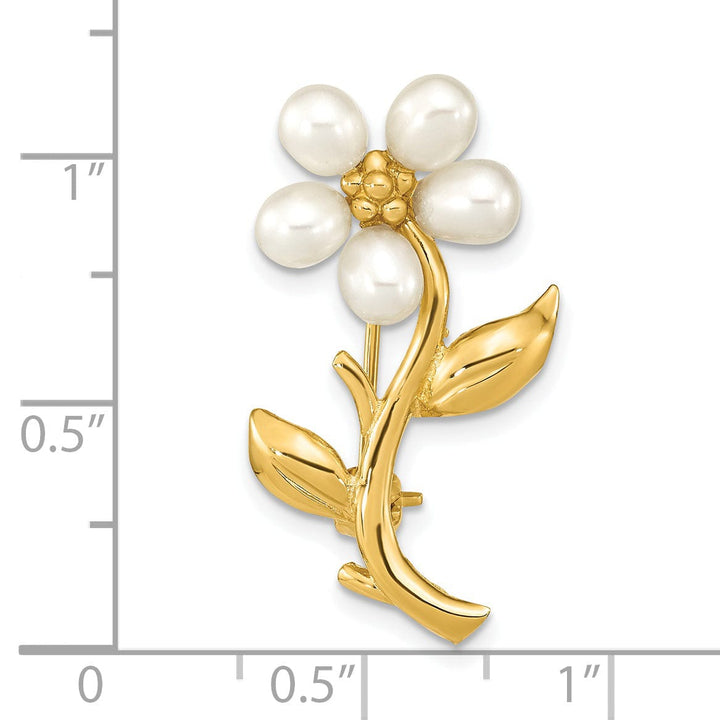 14K Yellow Gold Polished Finish Women's 4-5 mm Size Rice White Freshwater Cultured Flower Design Brooch Pin