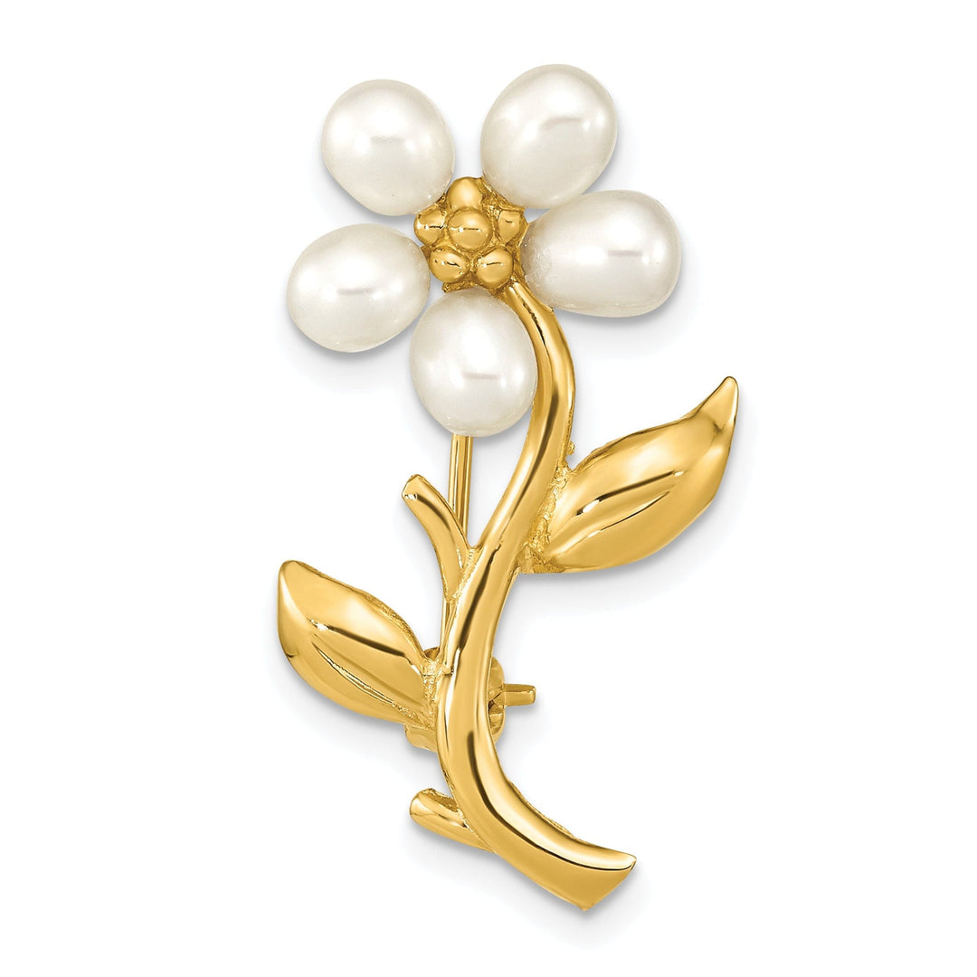 14K Yellow Gold Polished Finish Women's 4-5 mm Size Rice White Freshwater Cultured Flower Design Brooch Pin