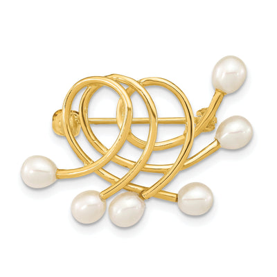 14K Yellow Gold Polished Finish Women's 4-5 mm Size White Freshwater Cultured Swirling Design Brooch Pin