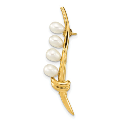 14K Yellow Gold Polished Finish Women's 4-5 mm Size White Freshwater Cultured Design Brooch Pin