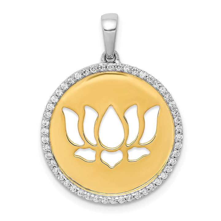 14k Two Tone Gold Open Back Polished Finish 0.25 CT Diamond Lotus Flower Round Shape Charm Pendant