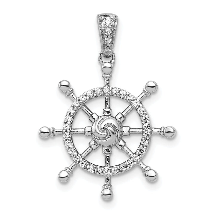 14k White Gold Rhodium Polished Finish 1/6 ct. Diamond Ship Wheel Charm