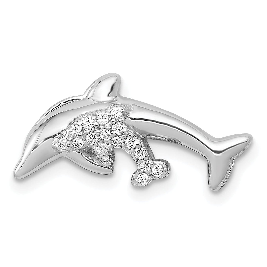 14k White Gold Polished Finish Diamond Mother And Baby Dolphins Design Chain Slide Pendant
