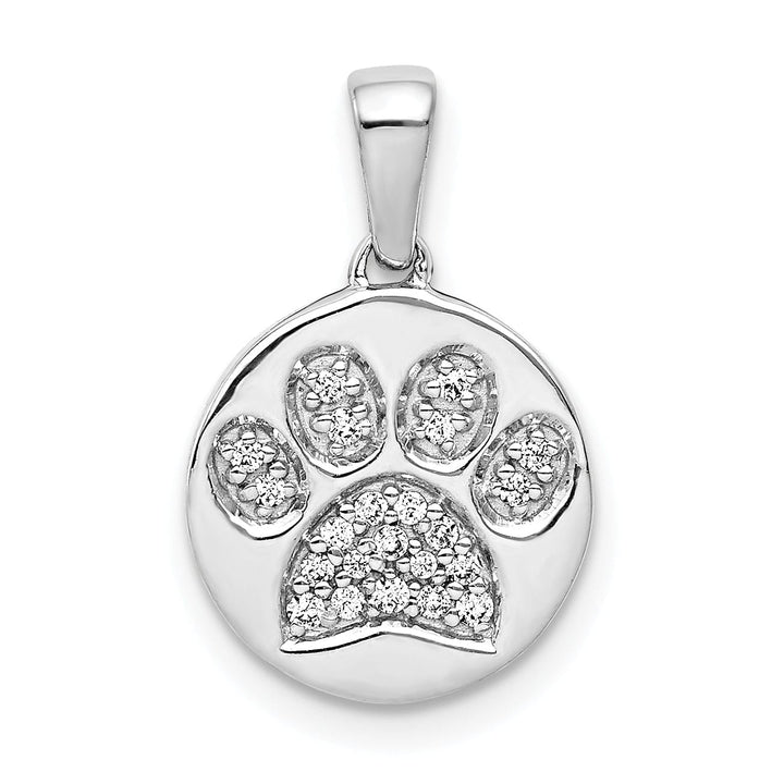 14k White Gold Polished Finish Open Back with Diamonds Design Paw Print in Circle Charm Pendant