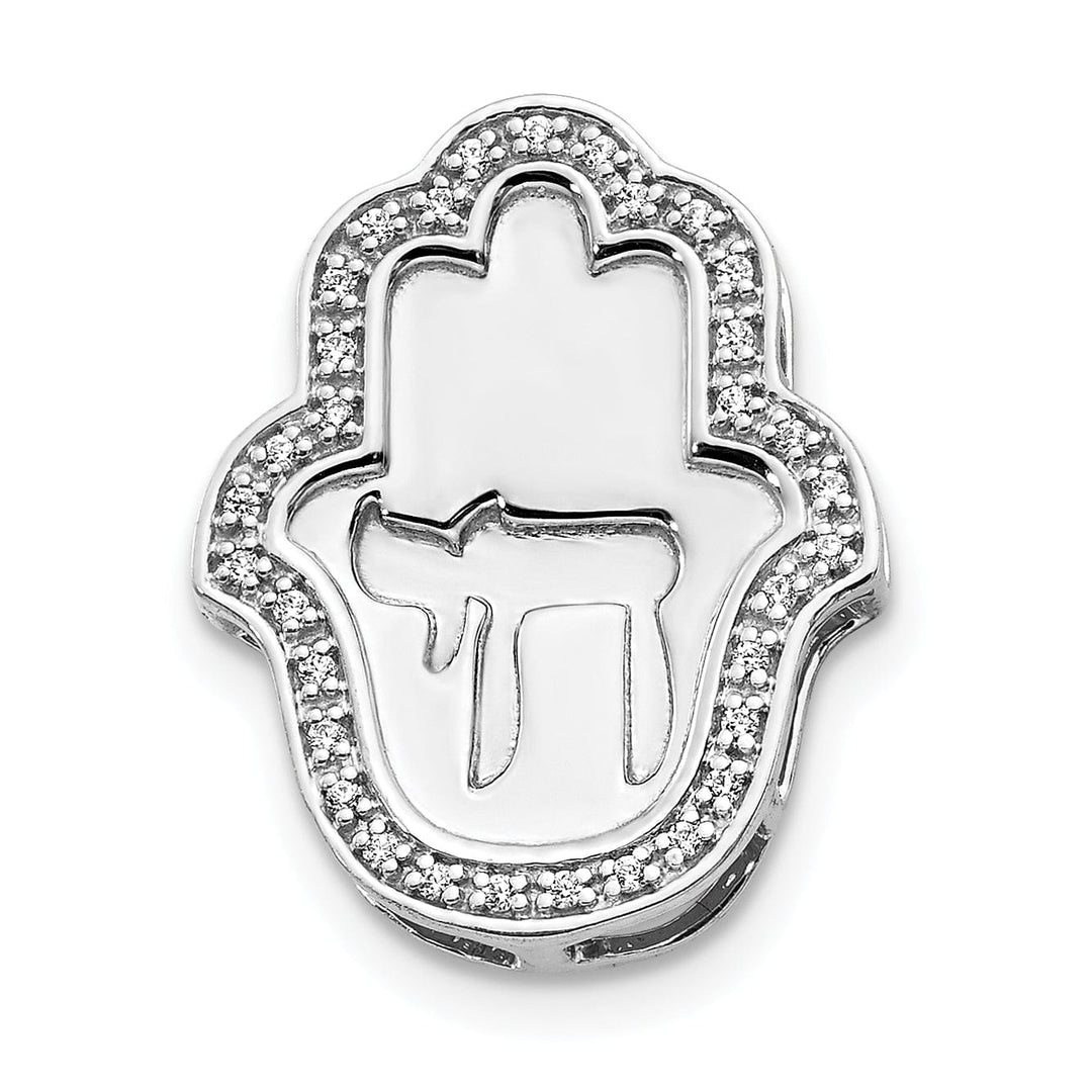 14k White Gold Polish 1/10-CT Diamond Chai Hamsa Chain Slide Pendant