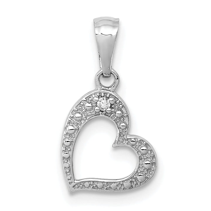 14k White Gold Beaded Textured Polished Finish 01ct. Diamond Slanted Heart Shape Design Pendant