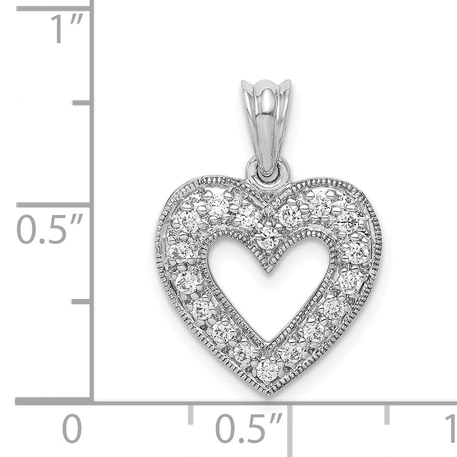 14k White Gold Beaded Textured Polished Finish Open Back 1/4ct. Diamond Heart Design Charm Pendant