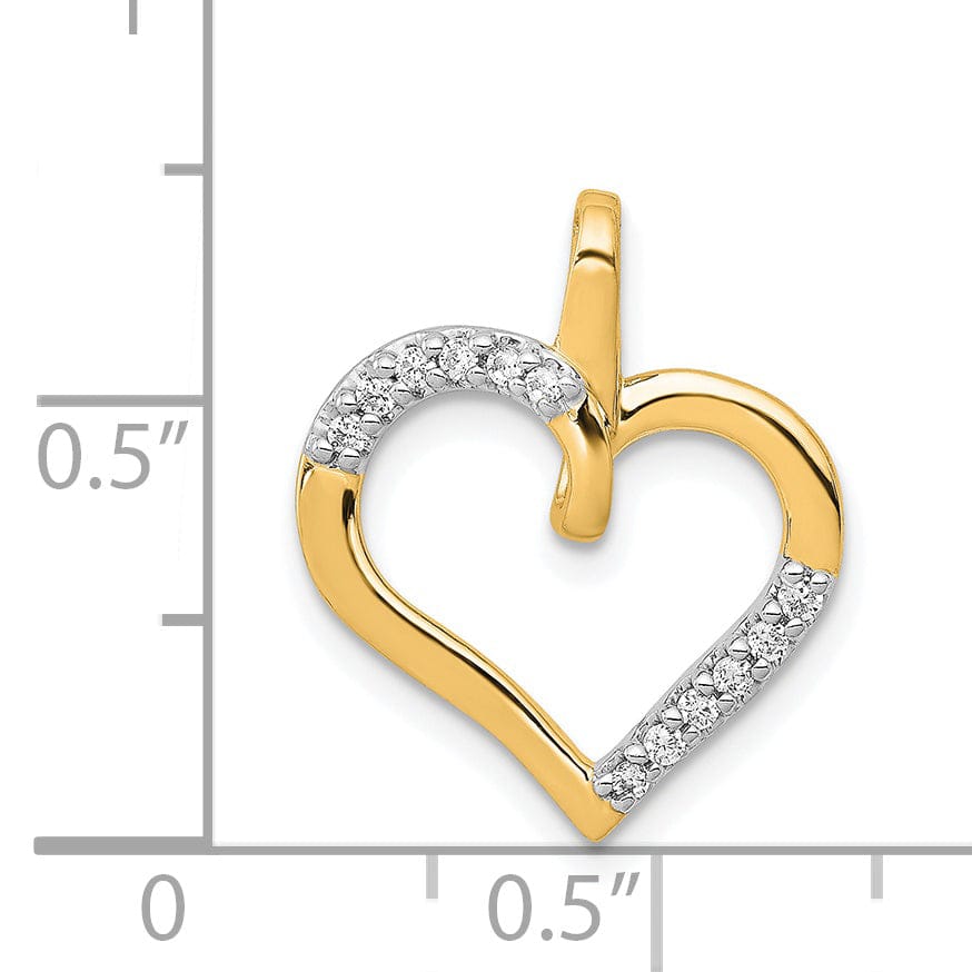 14k Yellow Gold, White Rhodium Closed Back Polished Finish 1/10-CT Diamond Fancy Heart Design Charm Pendant