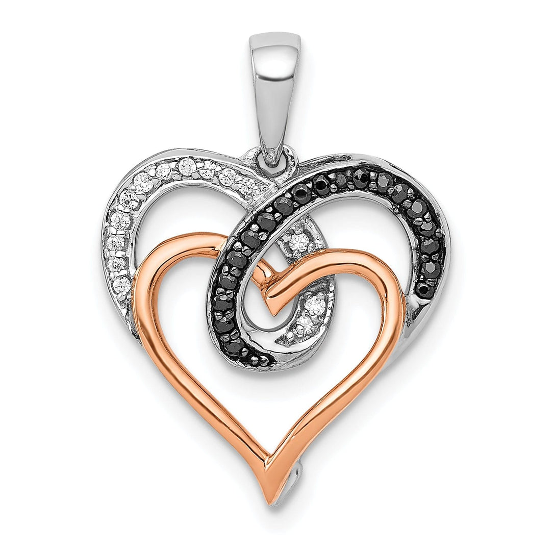 14k White Rose Gold Polished Finish with White & Black 0.11-CT Diamonds Heart In Heart Fancy Design Charm Pendant