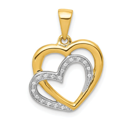 14k Yellow Gold, White Rhodium Open Back Polished Finish 0.054-CT Diamond Entwined Hearts Design Charm Pendant