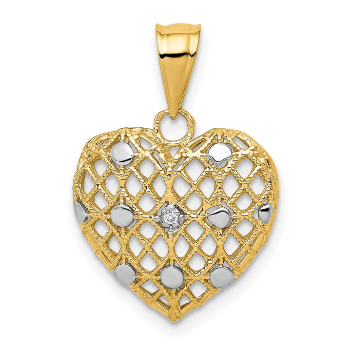 14k Yellow Gold, White Rhodium Solid Textured Polished Finish 0.005-CT Diamond Mesh Heart Design Charm Pendant