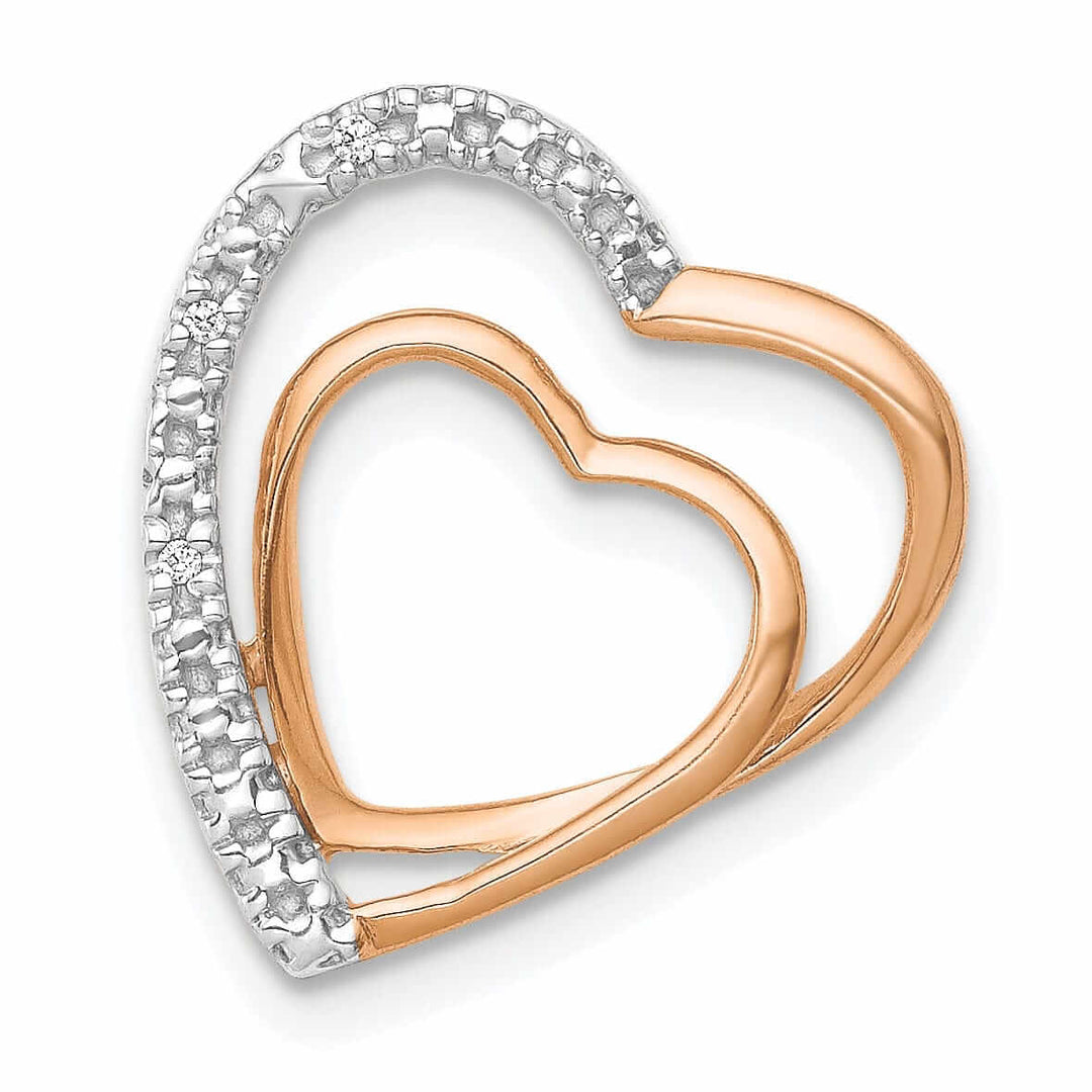 14k Rose Gold, White Rhodium Open Back Polished Finish .01-CT Diamond Double loop in Heart Design Chain Slide Pendant will not fit Omega Chain