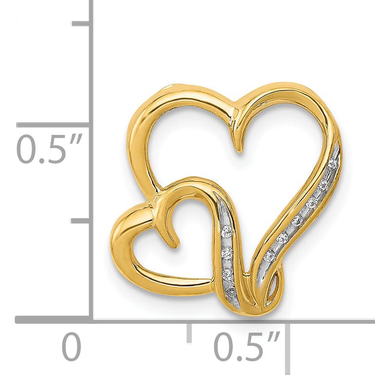 14k Yellow Gold, White Rhodium Open Back Polished Finish 0.03-CT Diamond Double Heart Swirl Design Shape Chain Slide Pendant