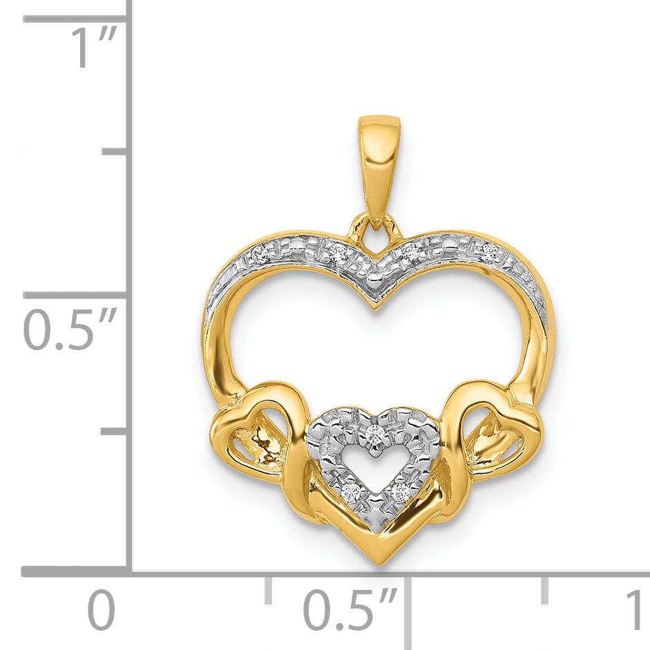 14k Yellow Gold, White Rhodium 0.028-CT Diamond Heart with Three Smaller Hearts Entwind Design Charm Pendant