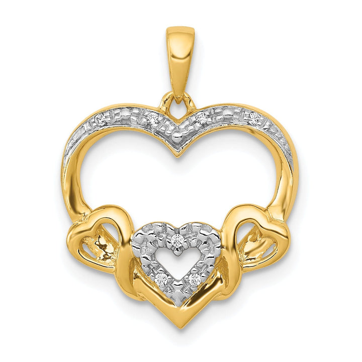 14k Yellow Gold, White Rhodium 0.028-CT Diamond Heart with Three Smaller Hearts Entwind Design Charm Pendant