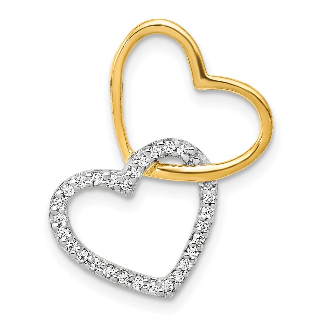 14k Two Tone Gold Closed Back Polished Finish 0.1-CT Diamond Double Heart in Heart Design Chain Slide Pendant will not fit Omega Chain