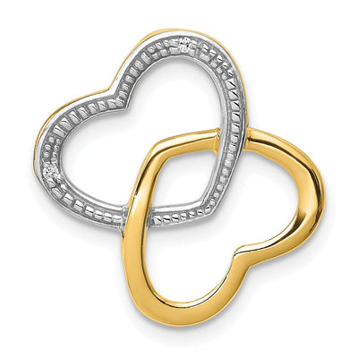 14k Yellow Gold, White Rhodium Polished Finish Concave Shape 0.01-CT Diamond Double Entwined Hearts Style Chain Slide Pendant