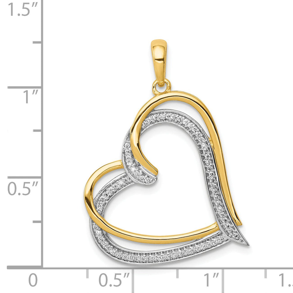 14k Yellow Gold, White Rhodium Open Back Polished Finish 0.175-CT Diamond Double Swirl Loop Heart in Heart Design Charm Pendant