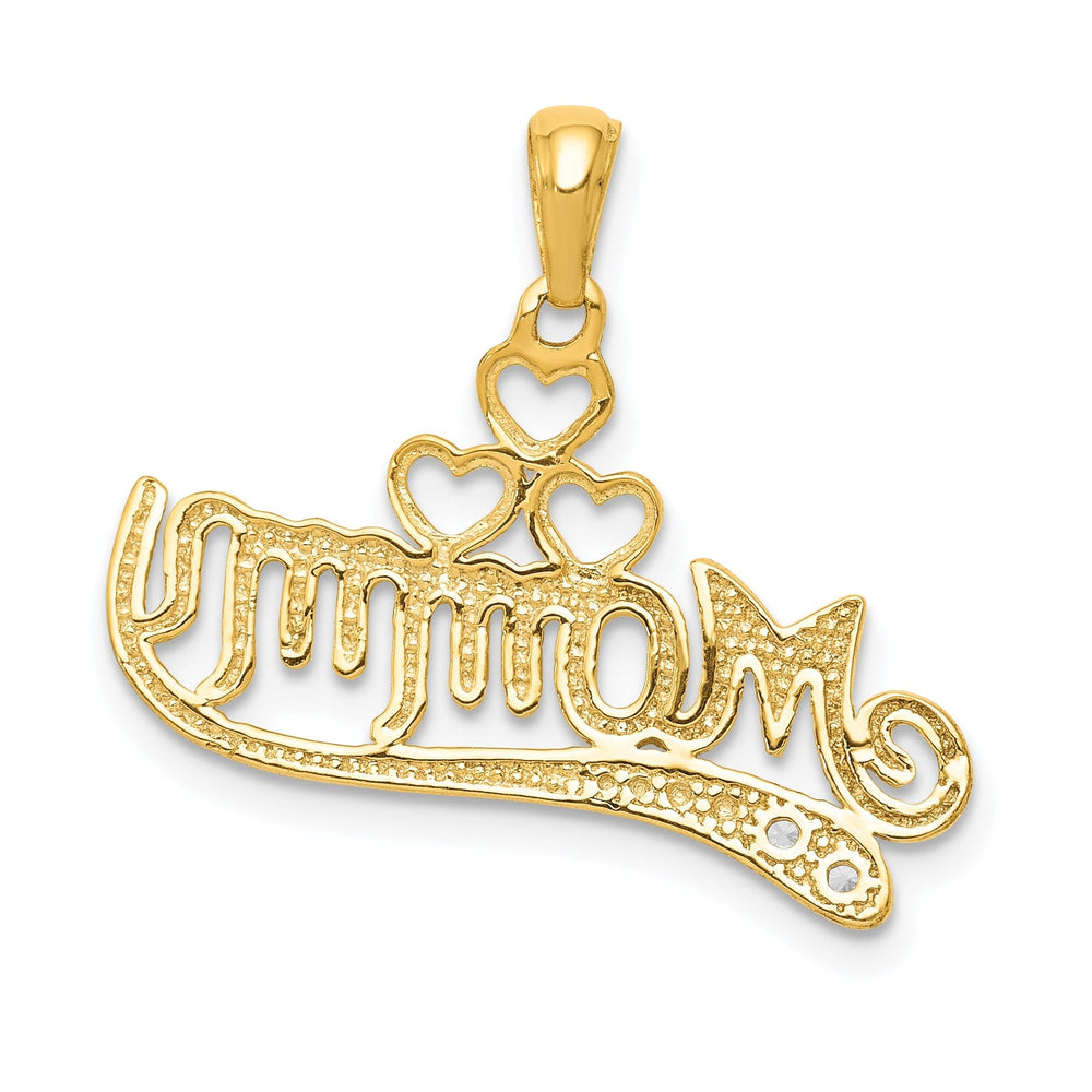 14k Yellow Gold Solid Polished Finish .02-ct Diamond Script MOMMY with Triple Heart Design Charm Pendant