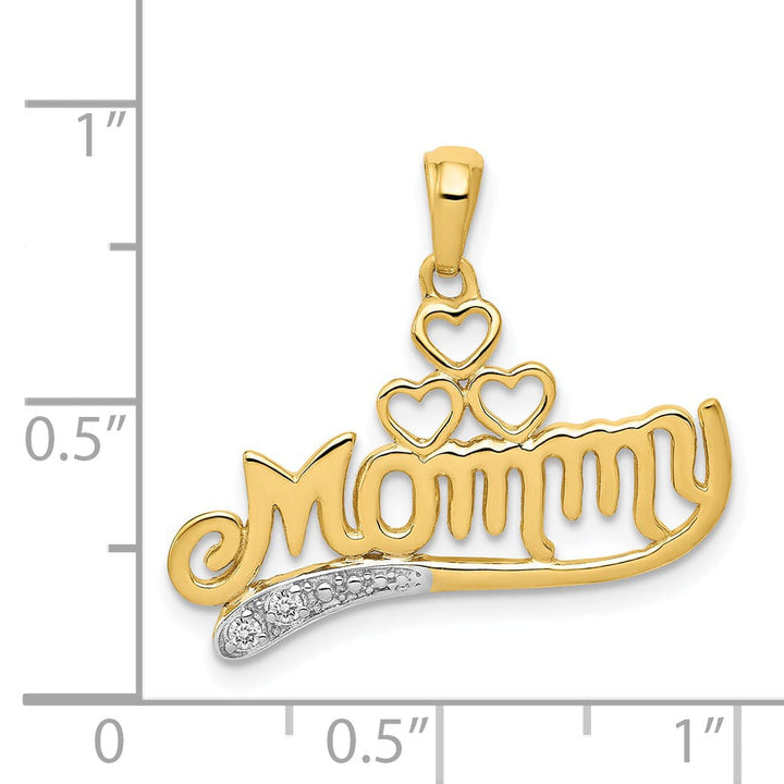 14k Yellow Gold Solid Polished Finish .02-ct Diamond Script MOMMY with Triple Heart Design Charm Pendant