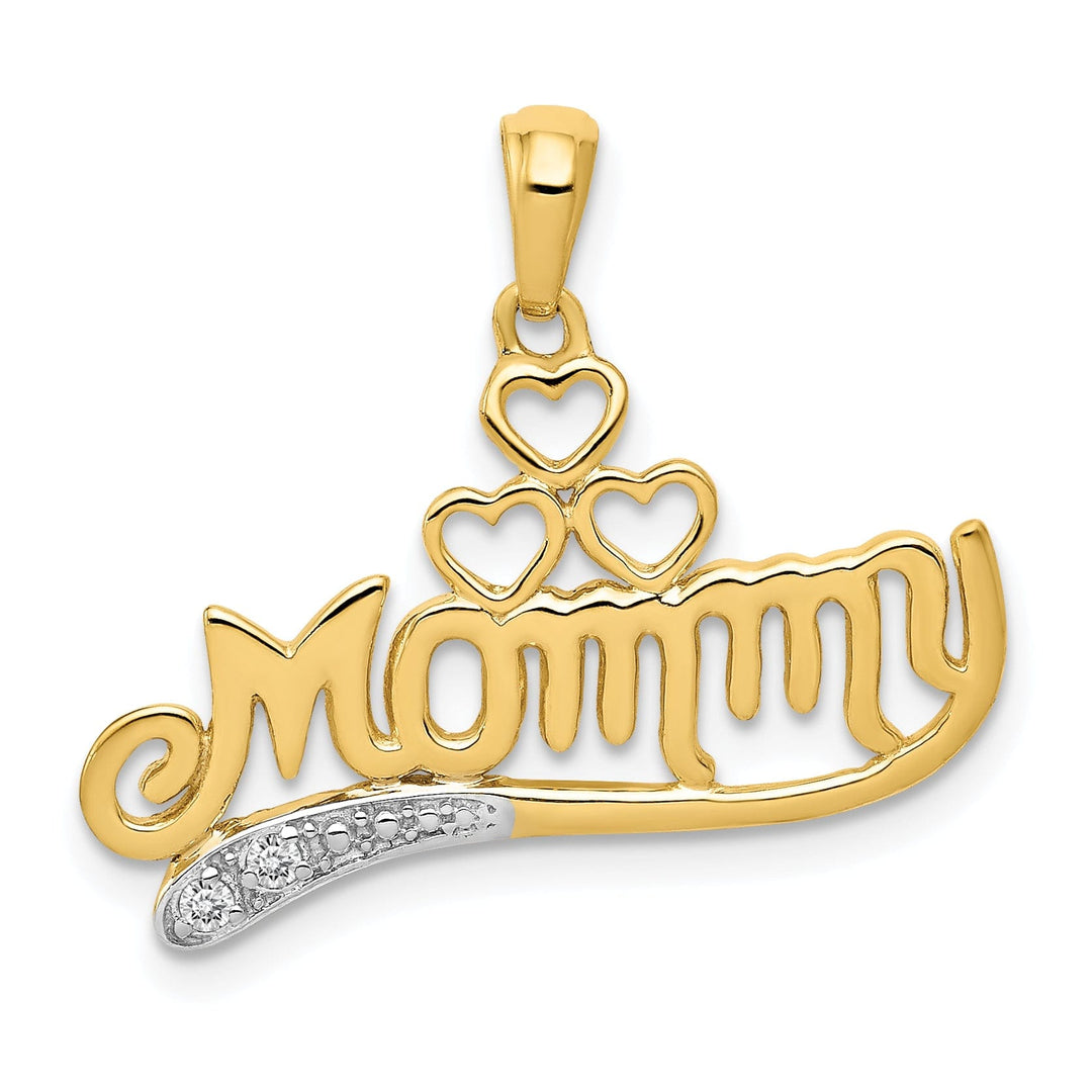 14k Yellow Gold Solid Polished Finish .02-ct Diamond Script MOMMY with Triple Heart Design Charm Pendant