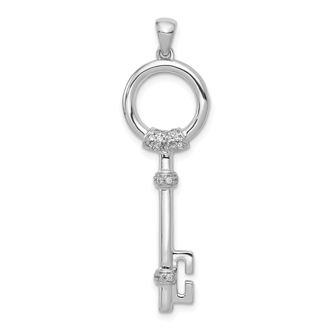 14k White Gold Rhodium 0.13-CT Diamond CircleFancy Key Design Pendant