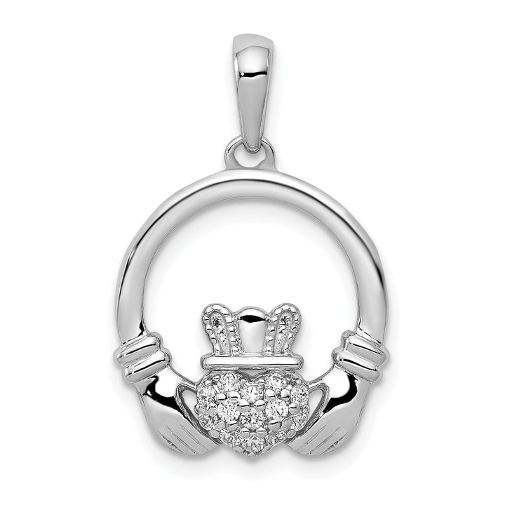 14k White Gold Open Back Polished Finish 0.12CT Diamond Claddagh Circle Design Charm Pendant