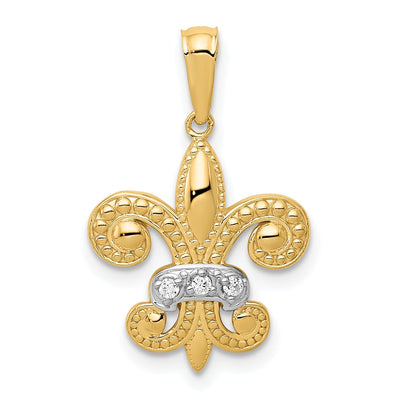 14k Yellow Gold White Rhodium Open Back Textured Polished Finish 0.03CT. Diamond Fleur De Lis Design Charm Pendant at $ 143.92 only from Jewelryshopping.com