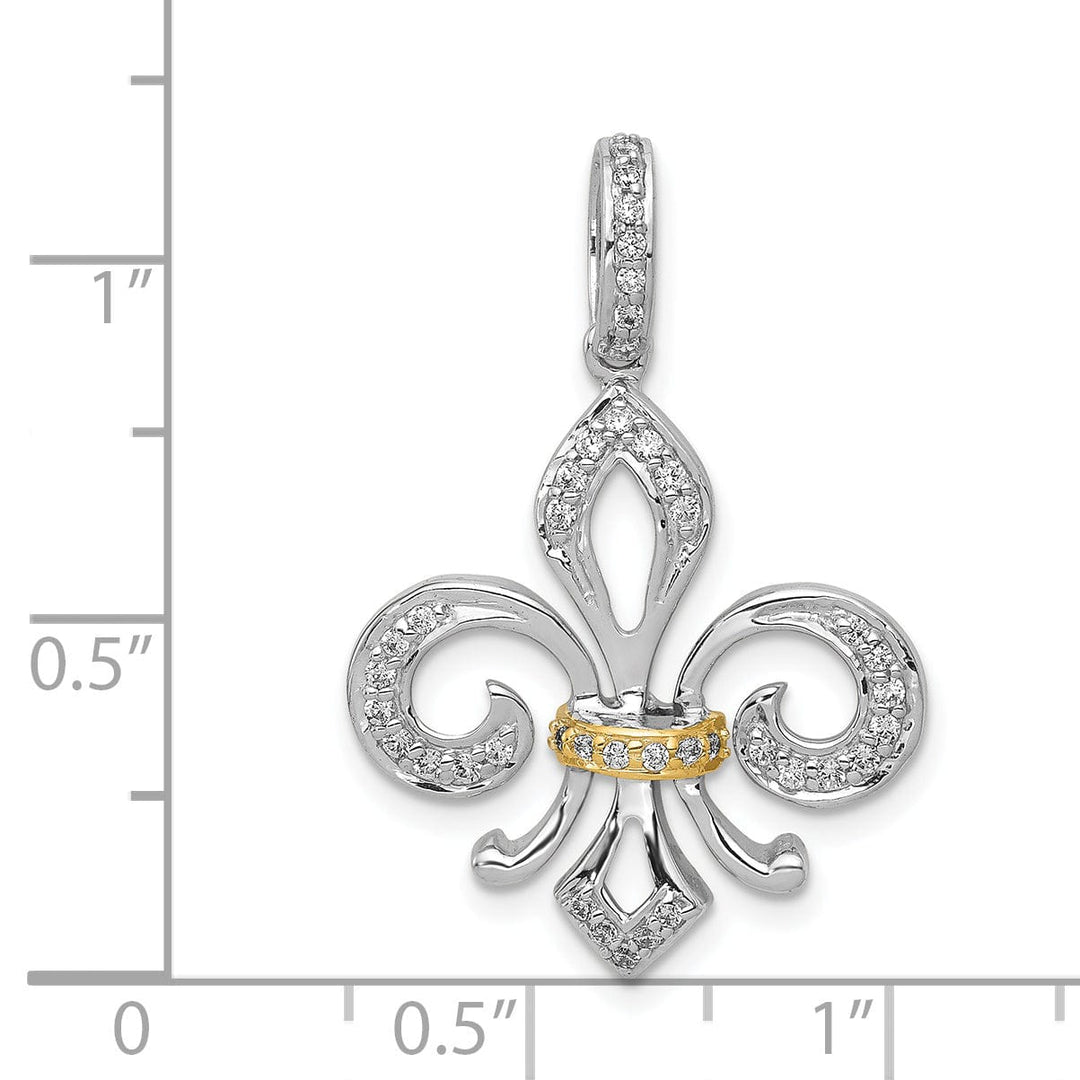 14k Two Tone Gold Open Back Polished Finish 0.221CT Diamond Fleur De Lis Design Charm Pendant