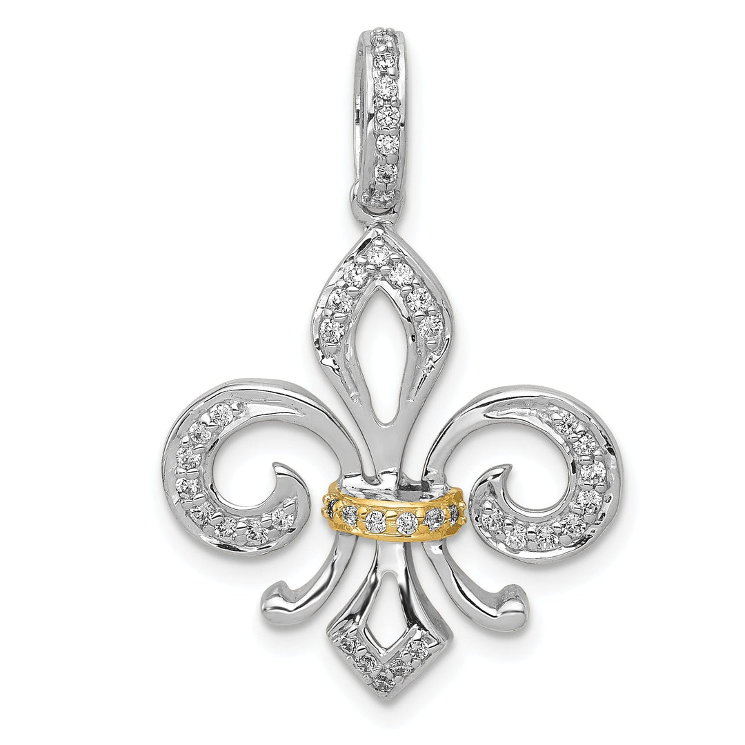 14k Two Tone Gold Open Back Polished Finish 0.221CT Diamond Fleur De Lis Design Charm Pendant