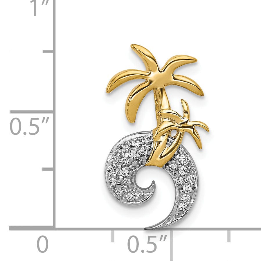 14k Two Tone Gold with Diamonds Concave Shape Double Palm Tree on Wave Design Chain Slide Pendant will not fit omega