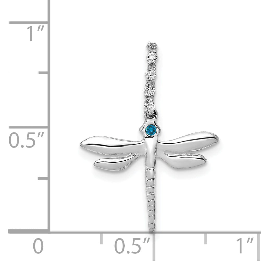 14k White Gold Polished Finish Open Back Blue and White 0.062CT Diamond Dragonfly Design Pendant