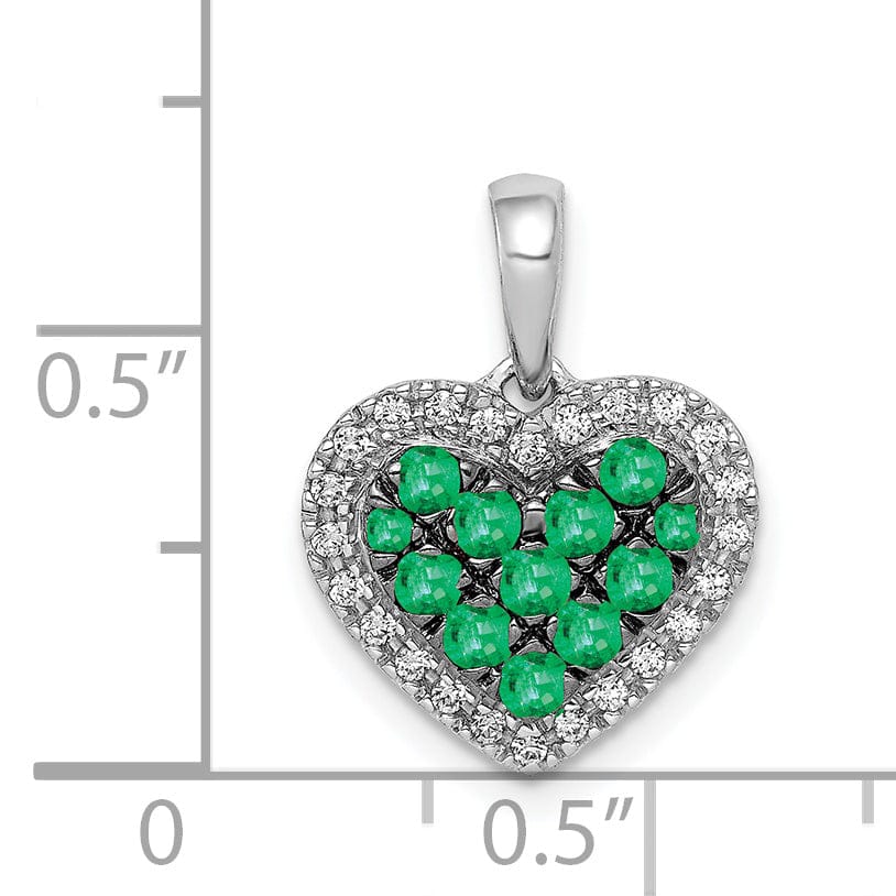 14k White Gold, White, Black Rhodium Polished Finish Open Back 0.12-CT Diamond & 0.308-CT Emerald Heart Design Charm Pendant