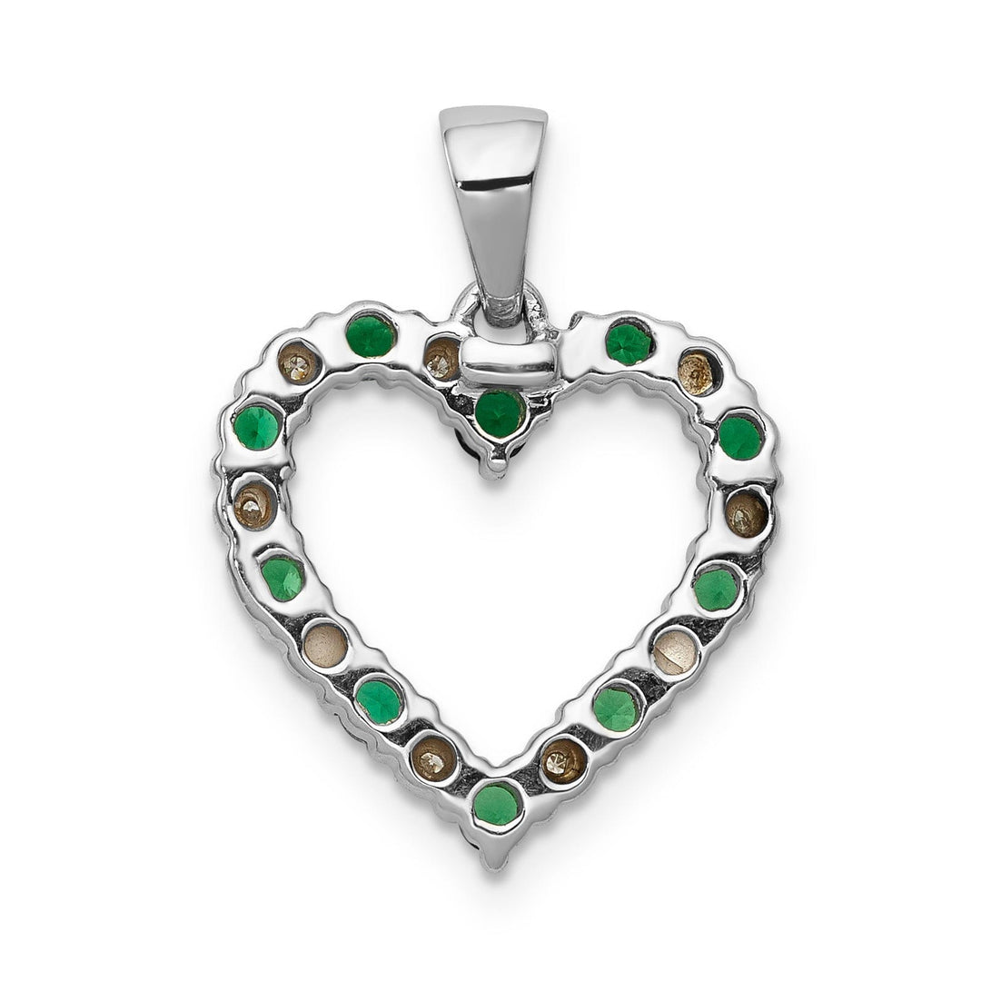 14k White Gold Polished Finish Open Back 0.03-CT Diamond & 0.32-CT Emerald Stones Heart Design Charm Pendant