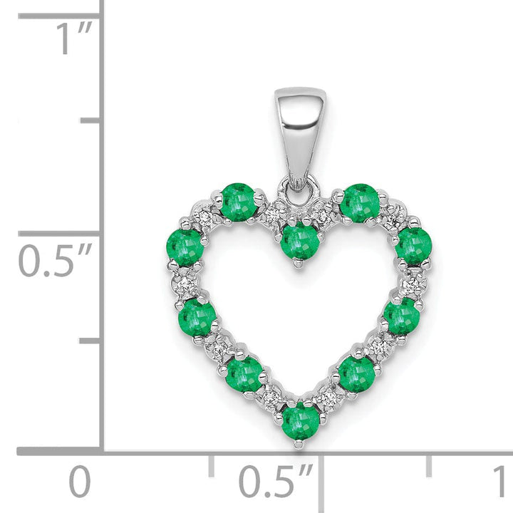 14k White Gold Polished Finish Open Back 0.03-CT Diamond & 0.32-CT Emerald Stones Heart Design Charm Pendant