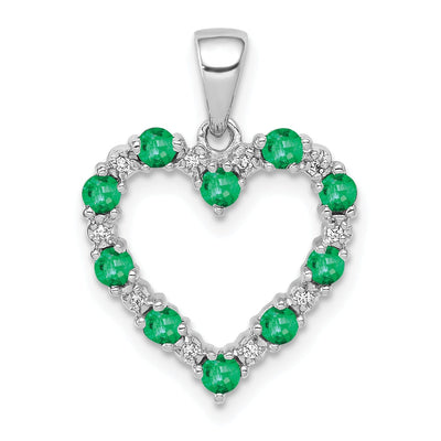 14k White Gold Polished Finish Open Back 0.03-CT Diamond & 0.32-CT Emerald Stones Heart Design Charm Pendant