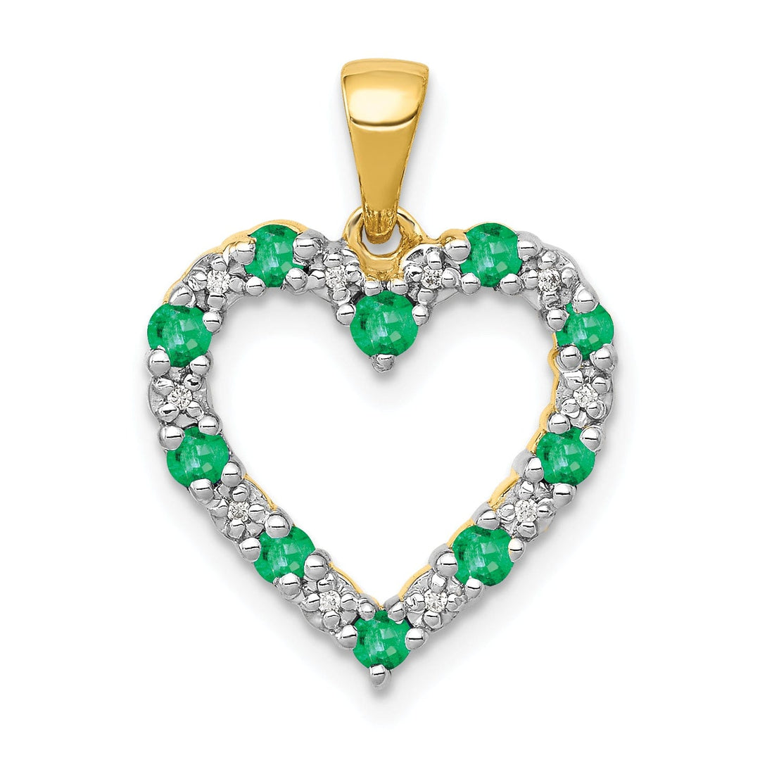 14k Yellow Gold Polished Finish Open Back 0.03-CT Diamond & 0.32-CT Emerald Heart Shape Design Charm Pendant