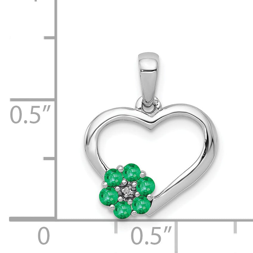 14k White Gold Polished Finish Closed Back 0.003-CT Diamond & 0.155-CT Emerald Stones Heart and Flower Design Charm Pendant