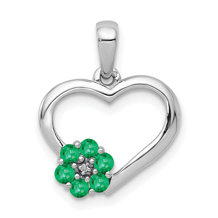 14k White Gold Polished Finish Closed Back 0.003-CT Diamond & 0.155-CT Emerald Stones Heart and Flower Design Charm Pendant