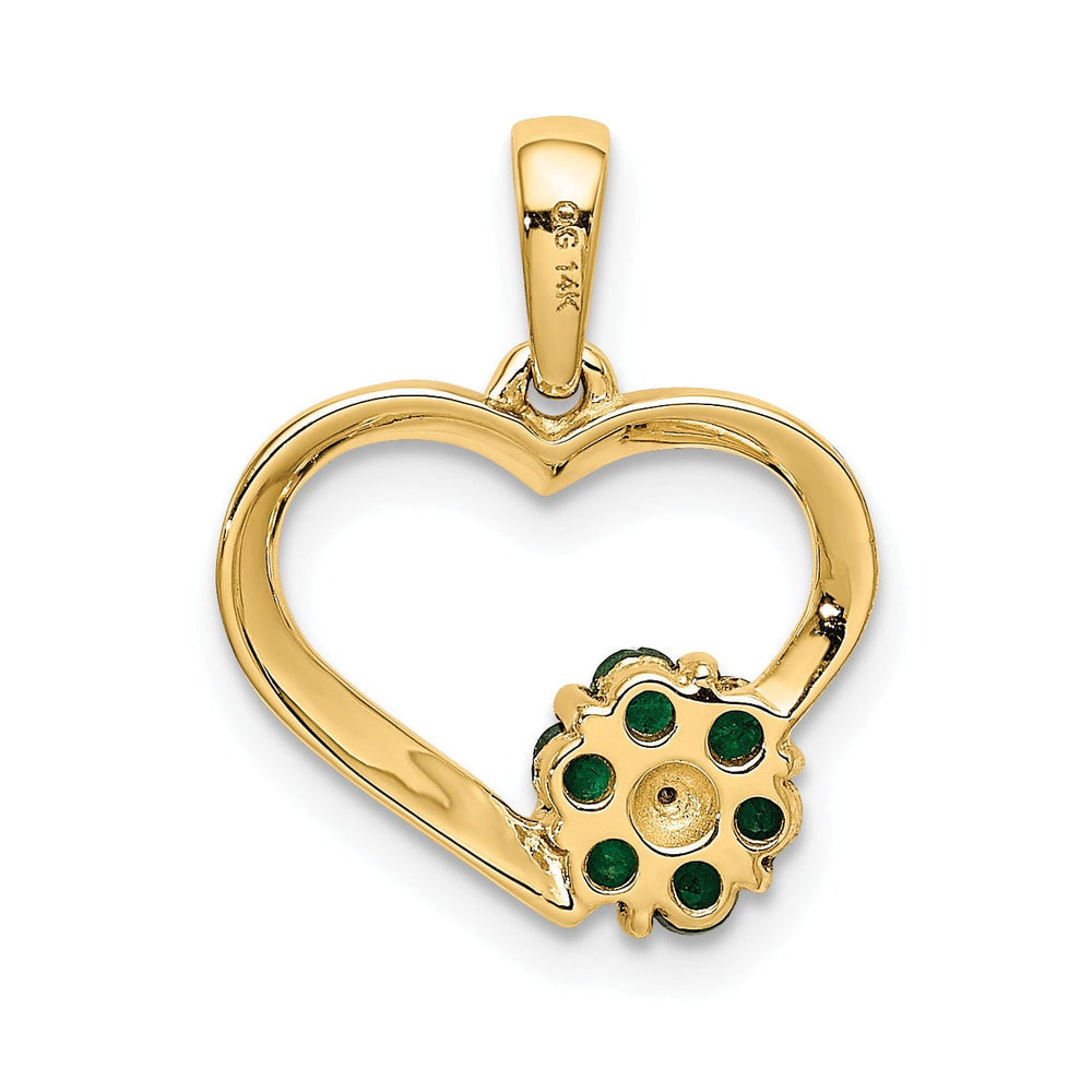 14k Yellow Gold Polished Finish Closed Back 0.003-CT Diamond & 0.155-CT Emerald Stones Heart and Flower Design Charm Pendant
