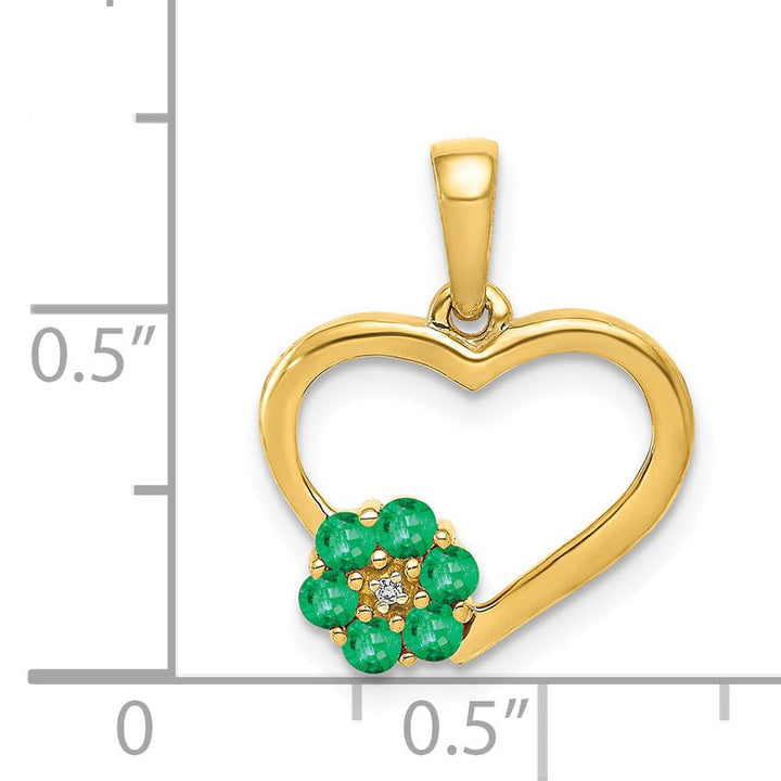 14k Yellow Gold Polished Finish Closed Back 0.003-CT Diamond & 0.155-CT Emerald Stones Heart and Flower Design Charm Pendant