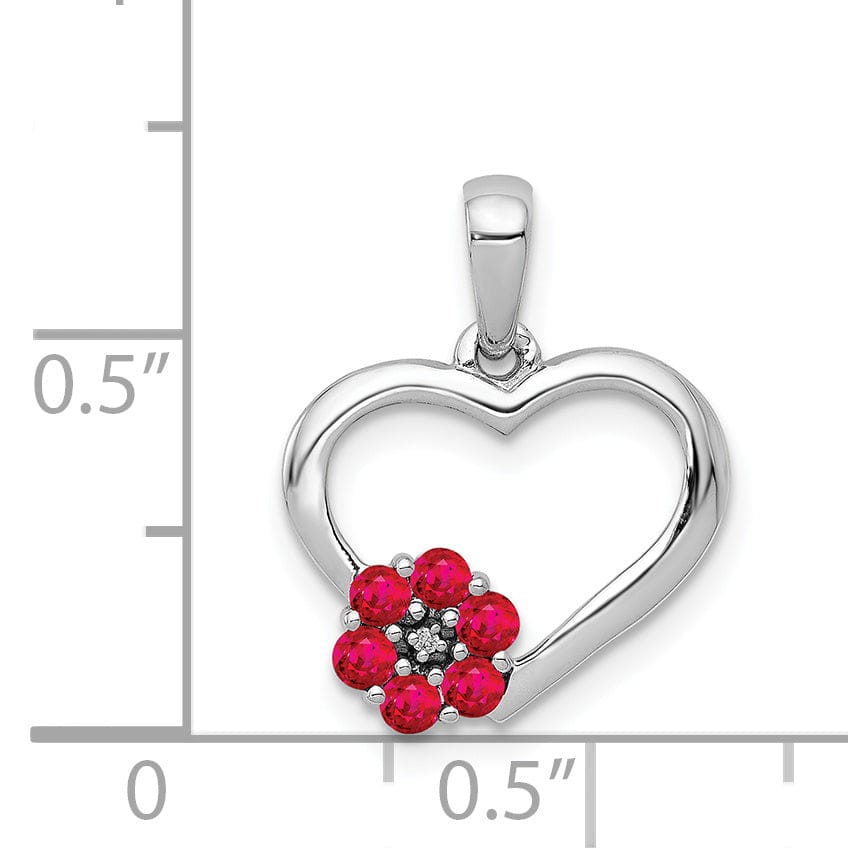 14k White Gold Polished Finish Closed Back 0.003-CT Diamond & 0.21-CT Ruby Stones Heart with Flower Design Charm Pendant